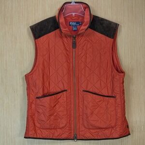 Polo Ralph Lauren Quilted Vest Mens XL Orange Suede Leather Hunting Vintage 90s
